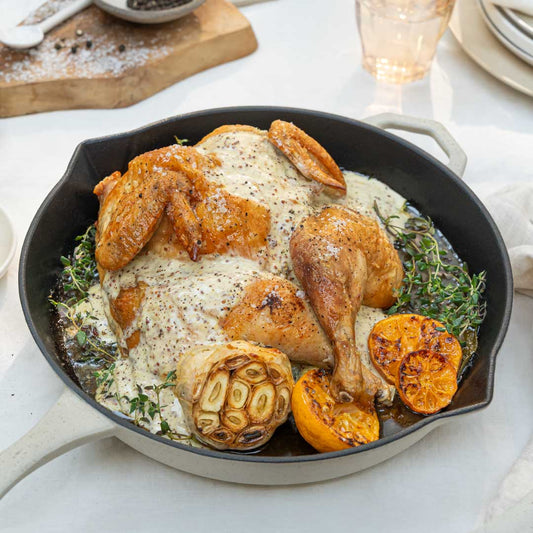 SPATCHCOCK CHICKEN WITH MUSTARD PARMESAN SAUCE